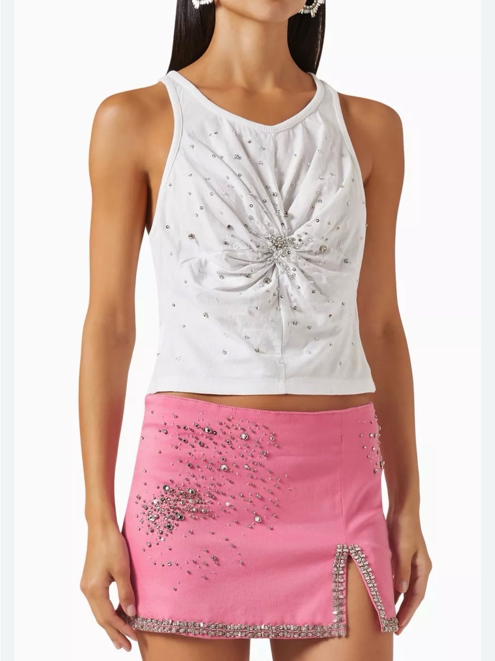 Embellished White Twist-Front Tank Top